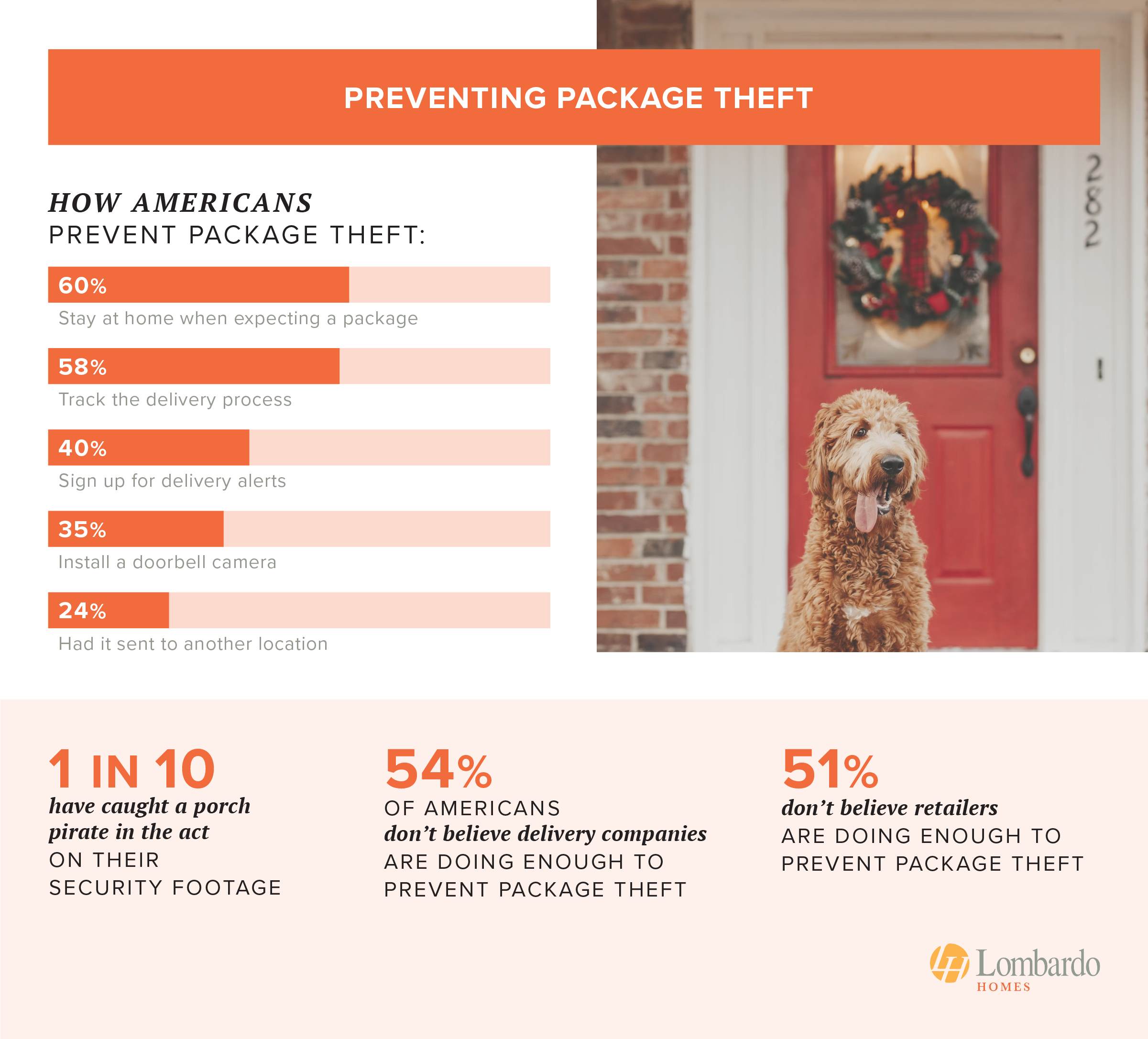 Infographic detailing how Americans prevent package theft - study from Lombardo Homes
